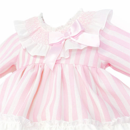 *SALE* Baby Girl Pink Stripe Smocked Collar Puff Dress with Pants "MYDB2473"