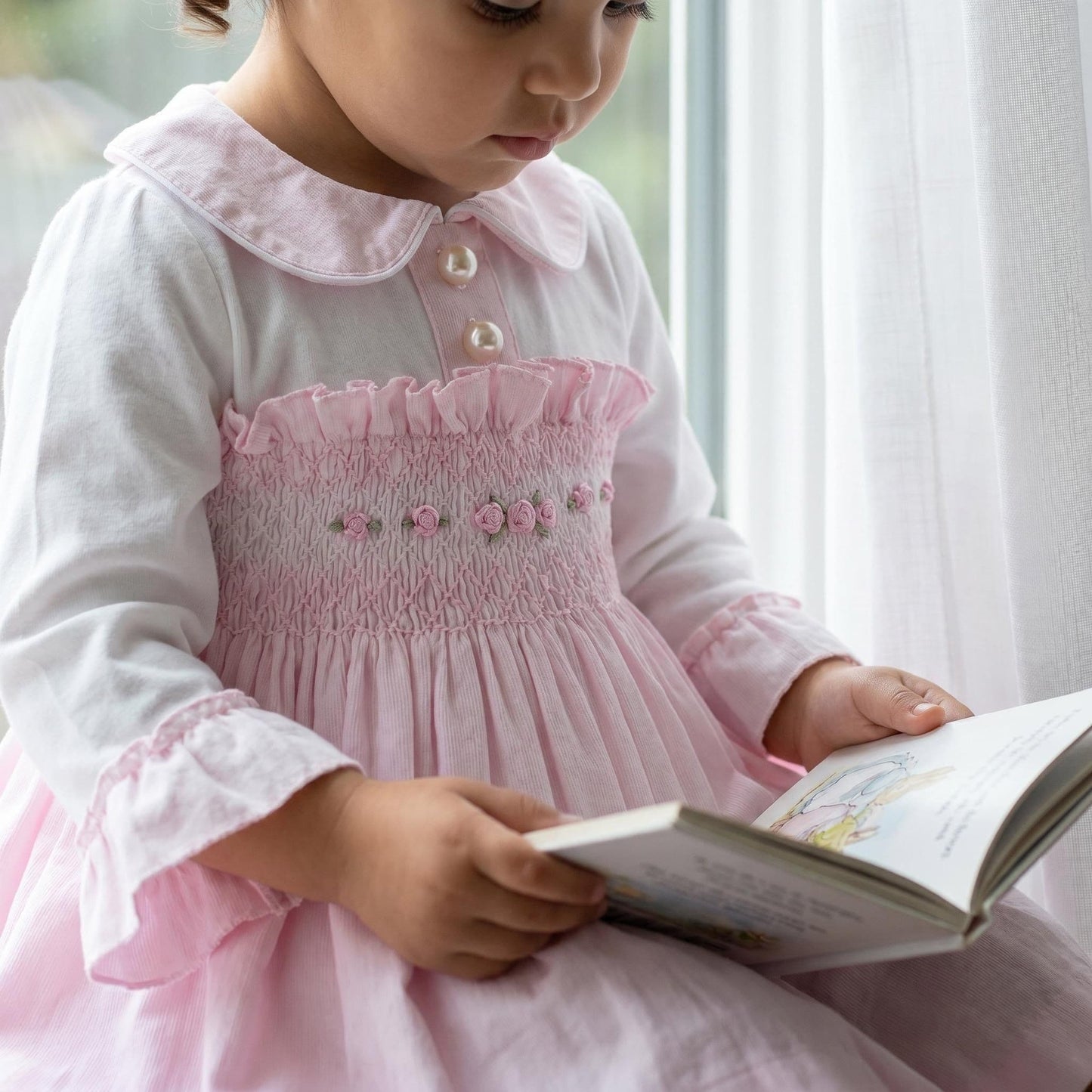 *SALE* Baby Girl Pink Velour Hand Smocked Pearl Dress "2428"