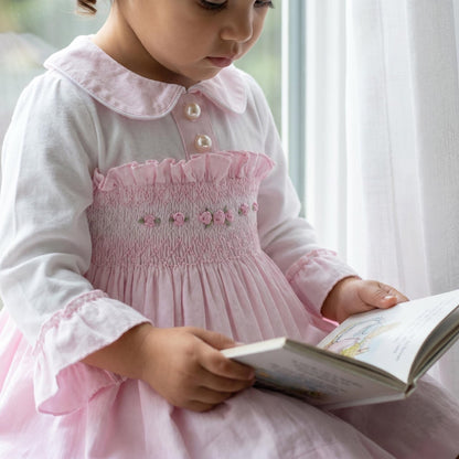 *SALE* Baby Girl Pink Velour Hand Smocked Pearl Dress "2428"