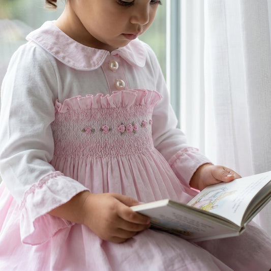 *SALE* Baby Girl Pink Velour Hand Smocked Pearl Dress "2428"