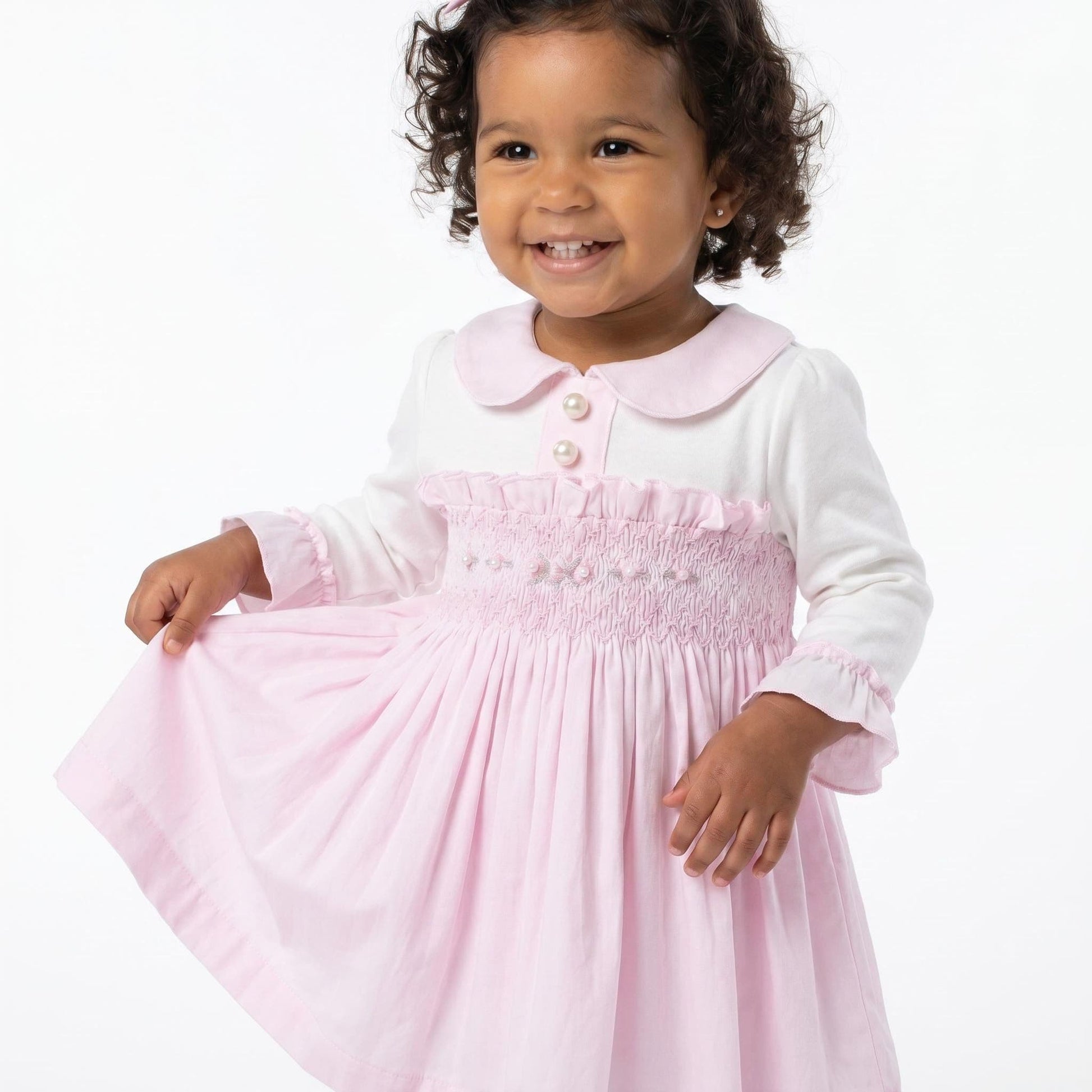 *SALE* Baby Girl Pink Velour Hand Smocked Pearl Dress "2428"