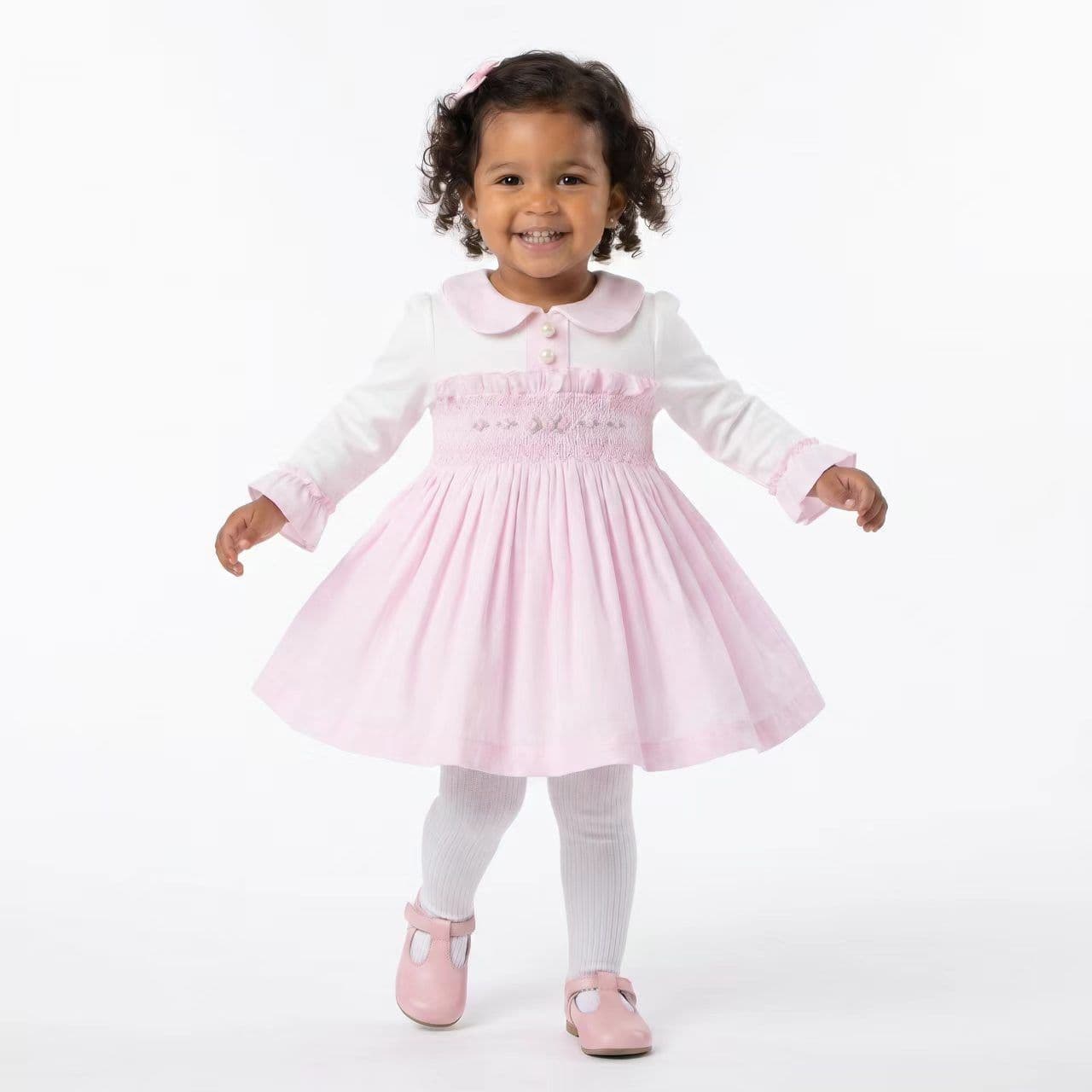 *SALE* Baby Girl Pink Velour Hand Smocked Pearl Dress "2428"