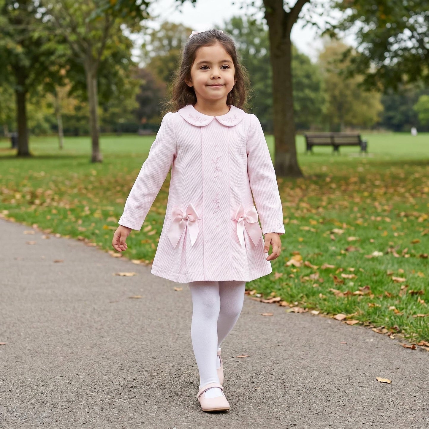*SALE* Baby Girl Pink Waffle Dress Embroidery and Satin Bows "2531"