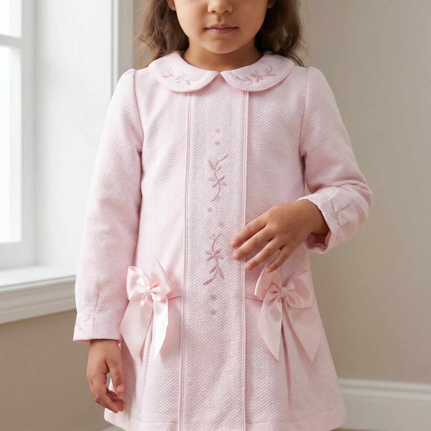 *SALE* Baby Girl Pink Waffle Dress Embroidery and Satin Bows "2531"