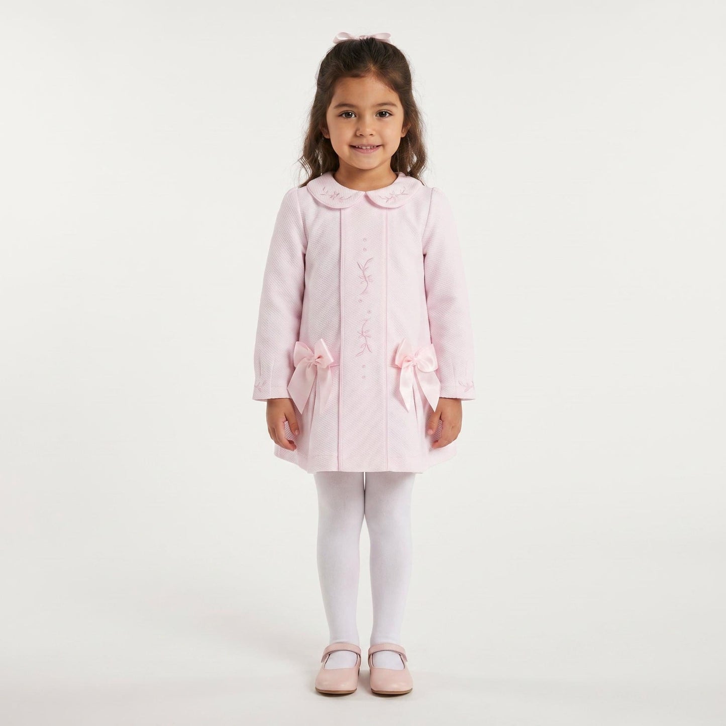 *SALE* Baby Girl Pink Waffle Dress Embroidery and Satin Bows "2531"