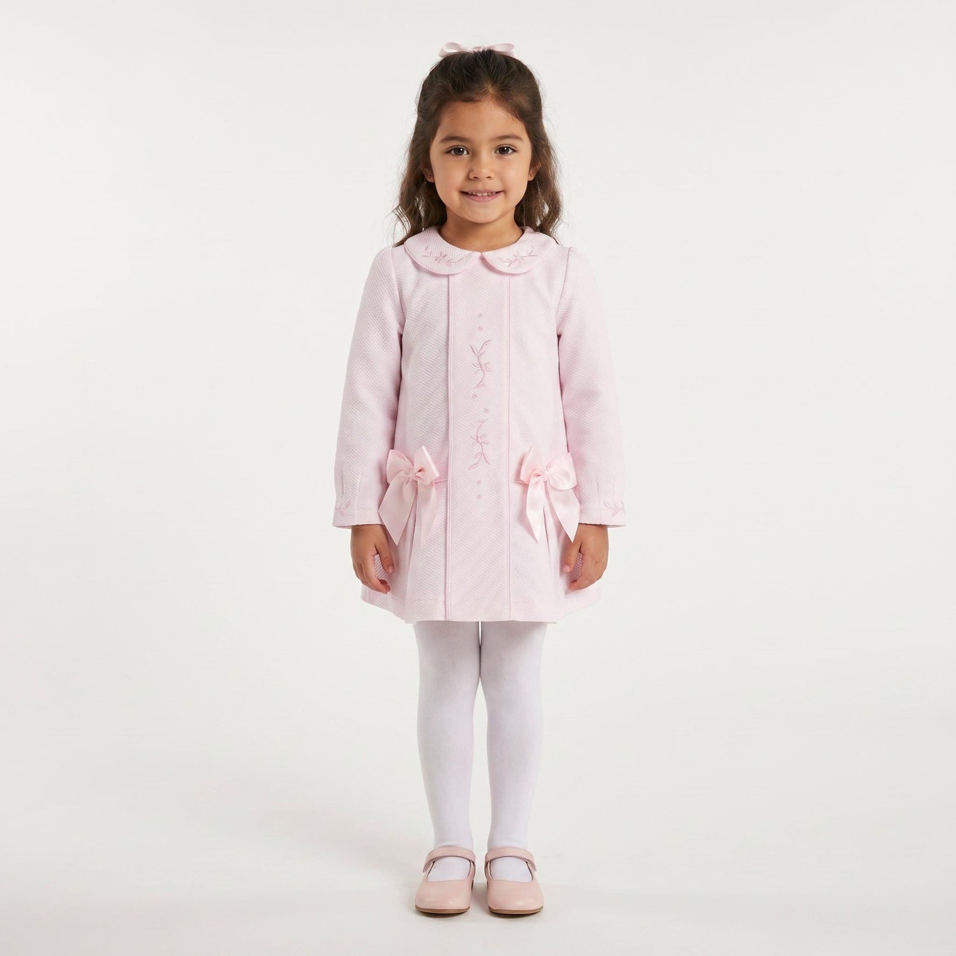*SALE* Baby Girl Pink Waffle Dress Embroidery and Satin Bows "2531"
