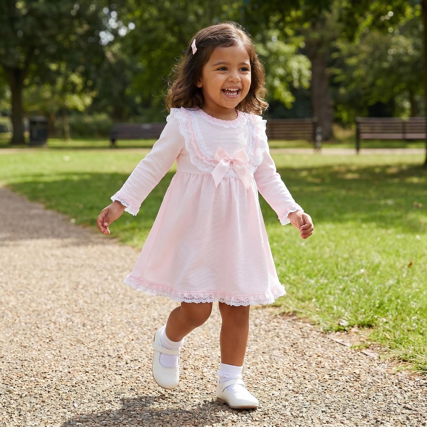 SALE" Baby Girl Pink Waffle Dress with Satin Bow Lace Details "2530