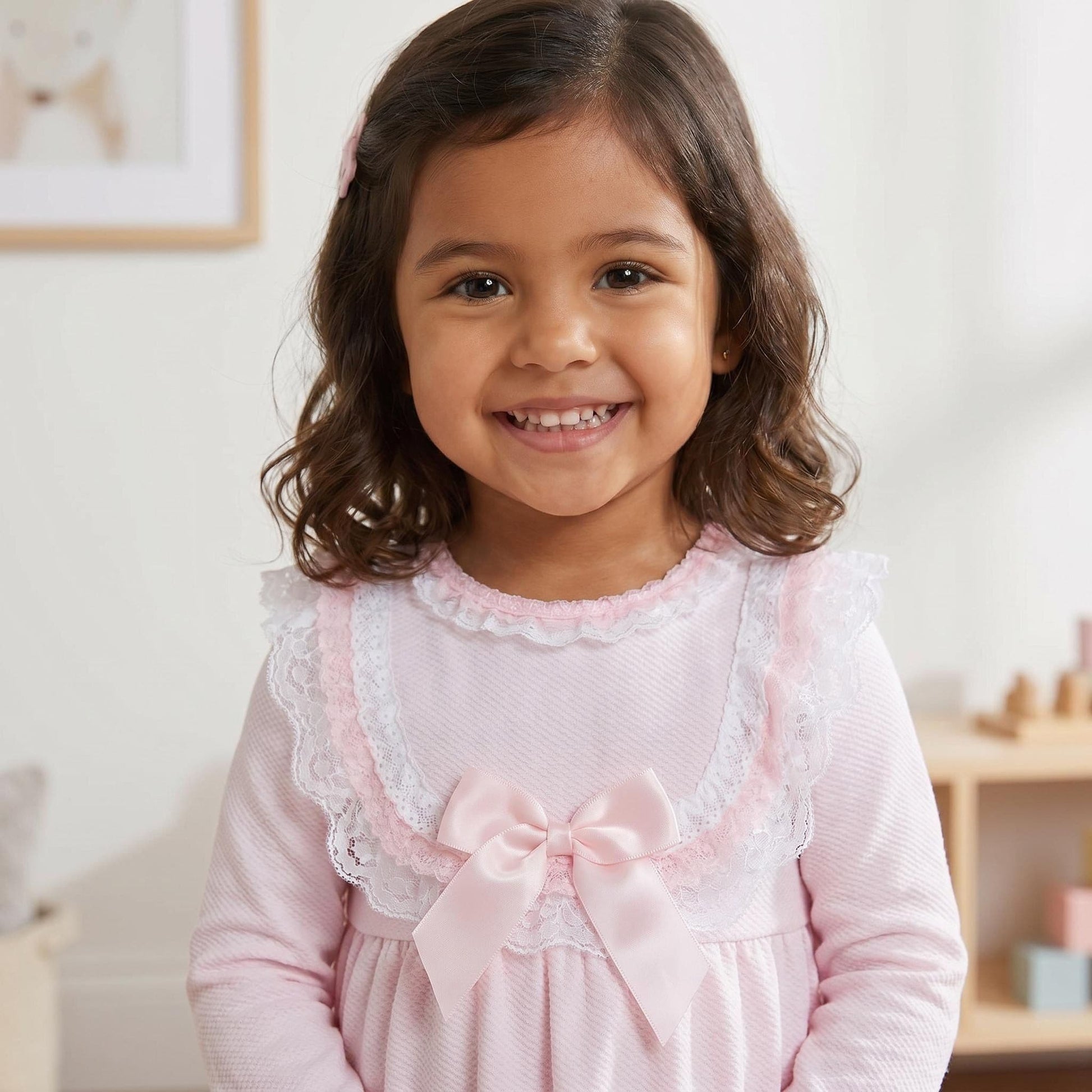 SALE" Baby Girl Pink Waffle Dress with Satin Bow Lace Details "2530