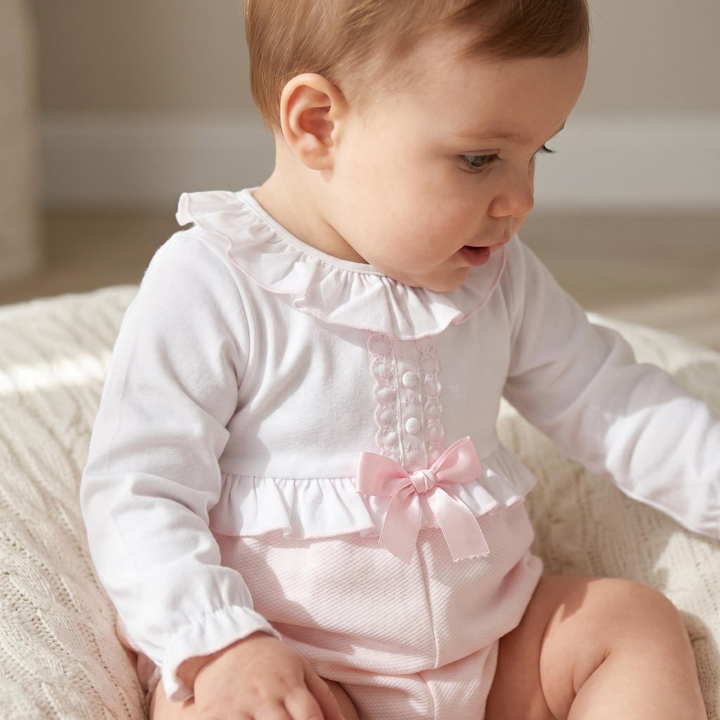 *SALE* Baby Girl Pink Waffle Satin Bow Romper "MYD210"