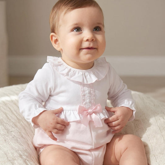 *SALE* Baby Girl Pink Waffle Satin Bow Romper "MYD210"