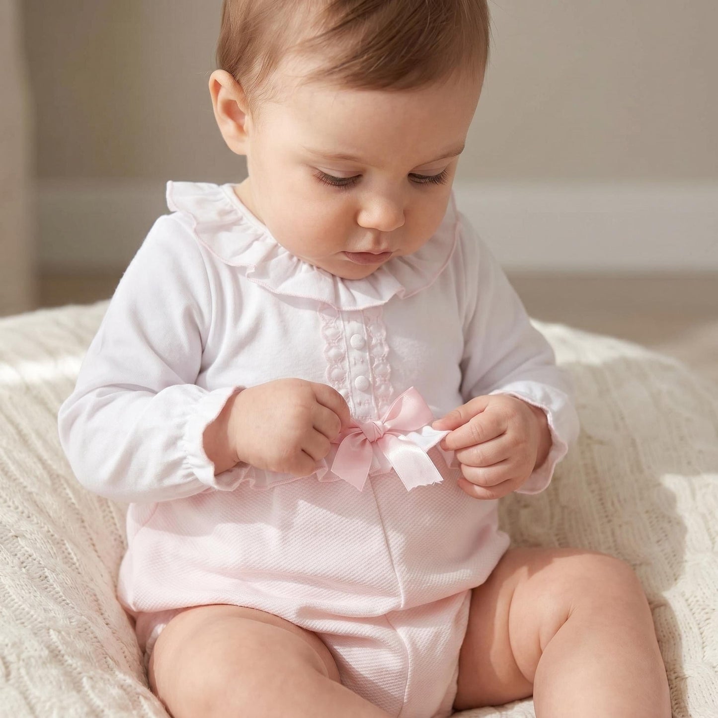 *SALE* Baby Girl Pink Waffle Satin Bow Romper "MYD210"