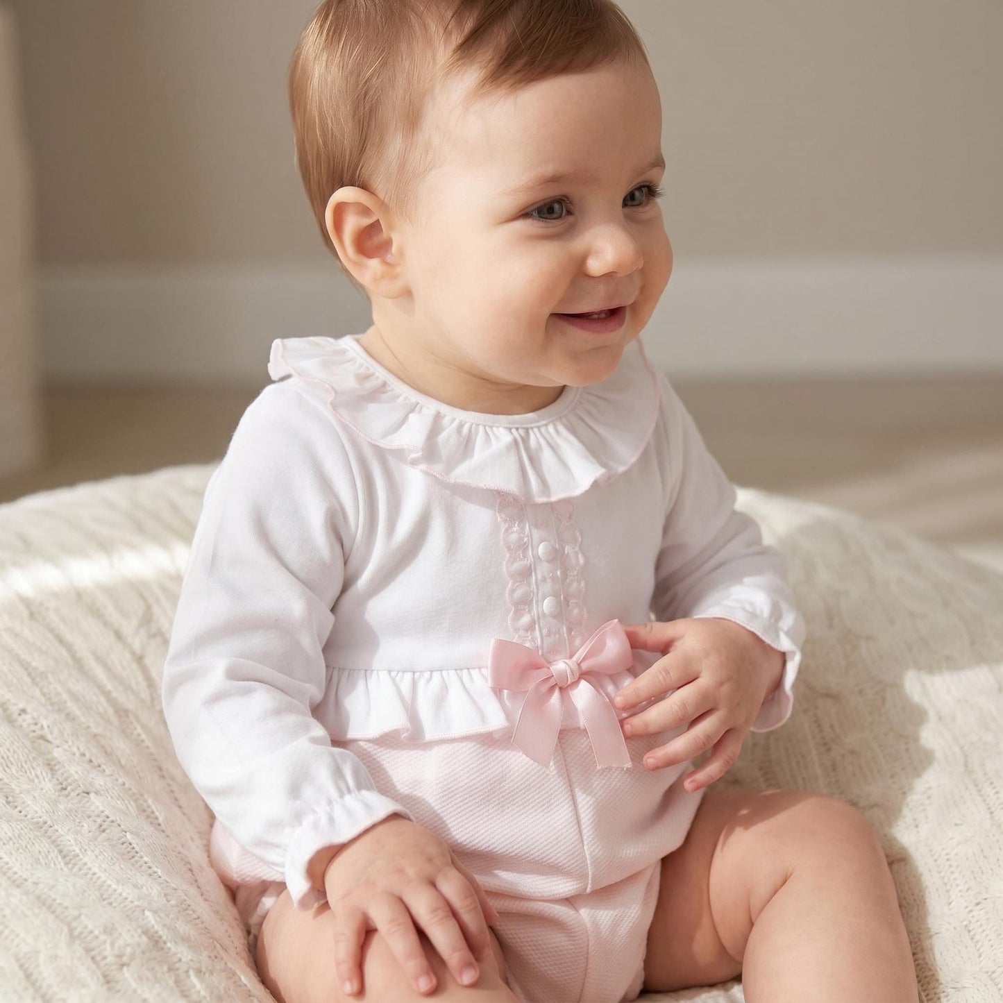 *SALE* Baby Girl Pink Waffle Satin Bow Romper "MYD210"