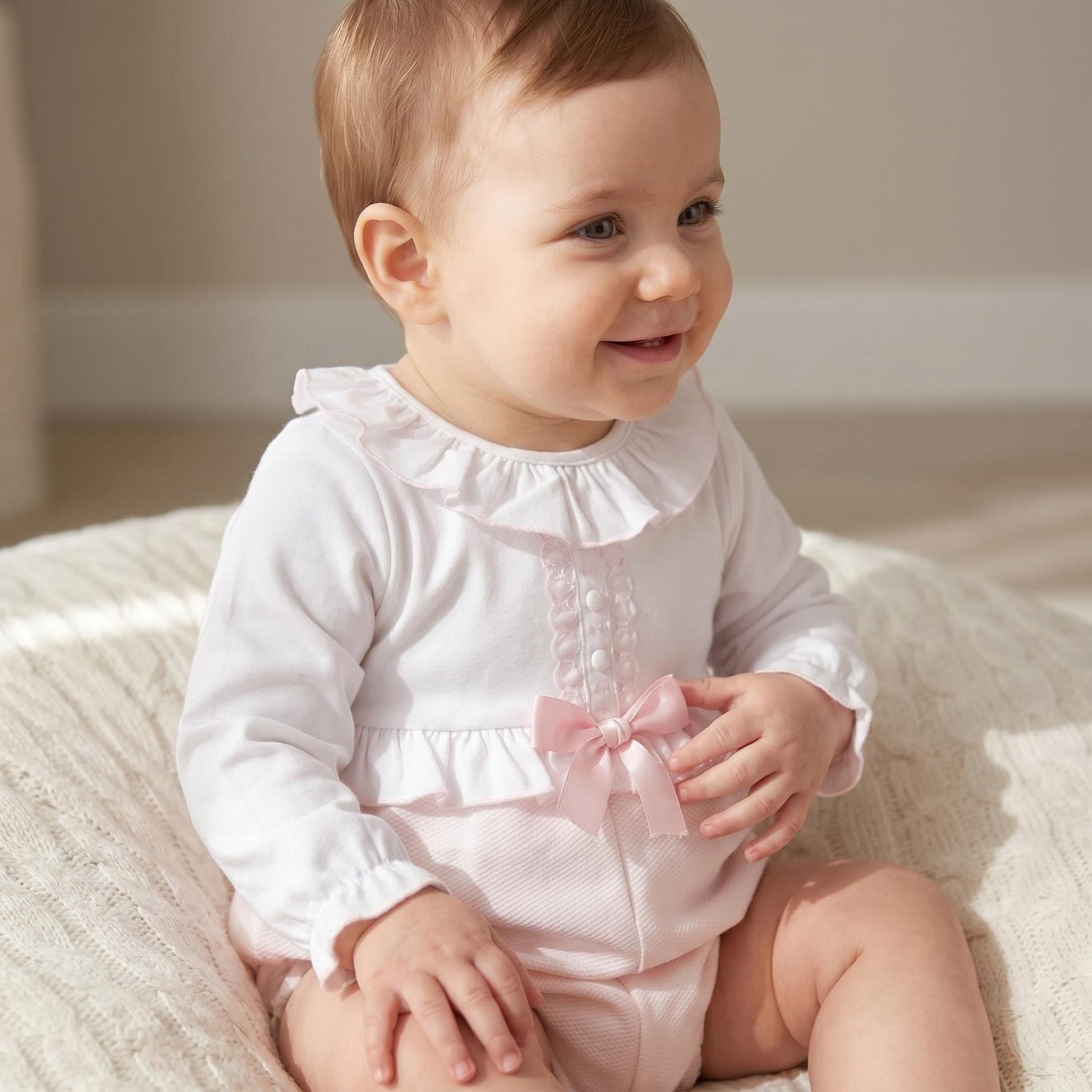*SALE* Baby Girl Pink Waffle Satin Bow Romper "MYD210"