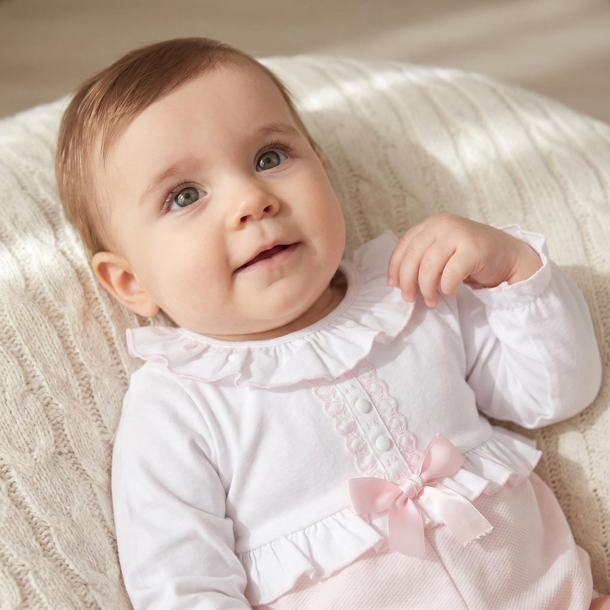 *SALE* Baby Girl Pink Waffle Satin Bow Romper "MYD210"