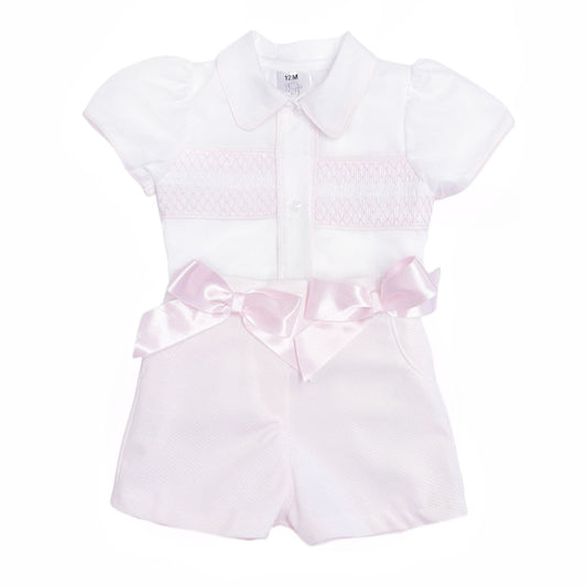 *SALE* Baby Girl Pink Waffle Shorts with Smocked Shirt "MYD2332"