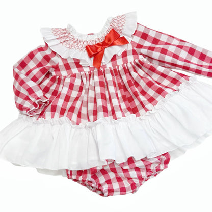 *SALE* Baby Girl Red Checked Smock Collar Dress with Pants "MYDB2465R"