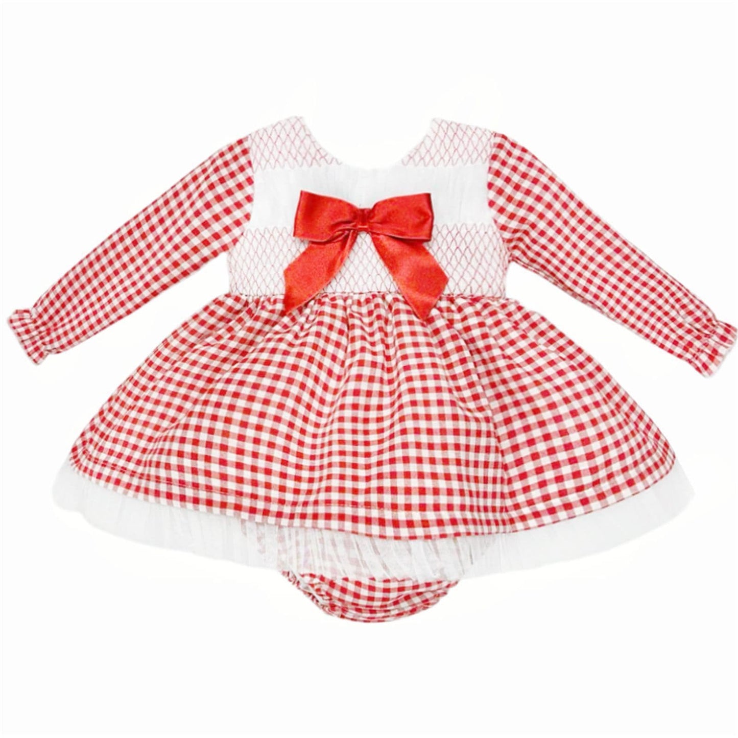 *SALE* Baby Girl Red Gingham Smocked Puff Dress with Pants "MYDB2471R"