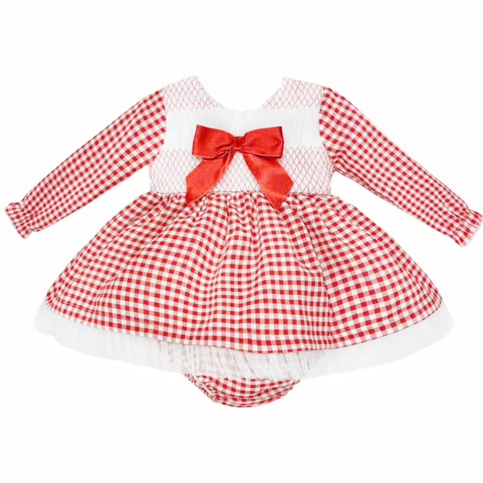 *SALE* Baby Girl Red Gingham Smocked Puff Dress with Pants "MYDB2471R"