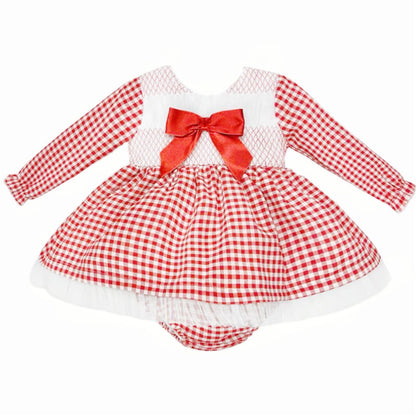 *SALE* Baby Girl Red Gingham Smocked Puff Dress with Pants "MYDB2471R"