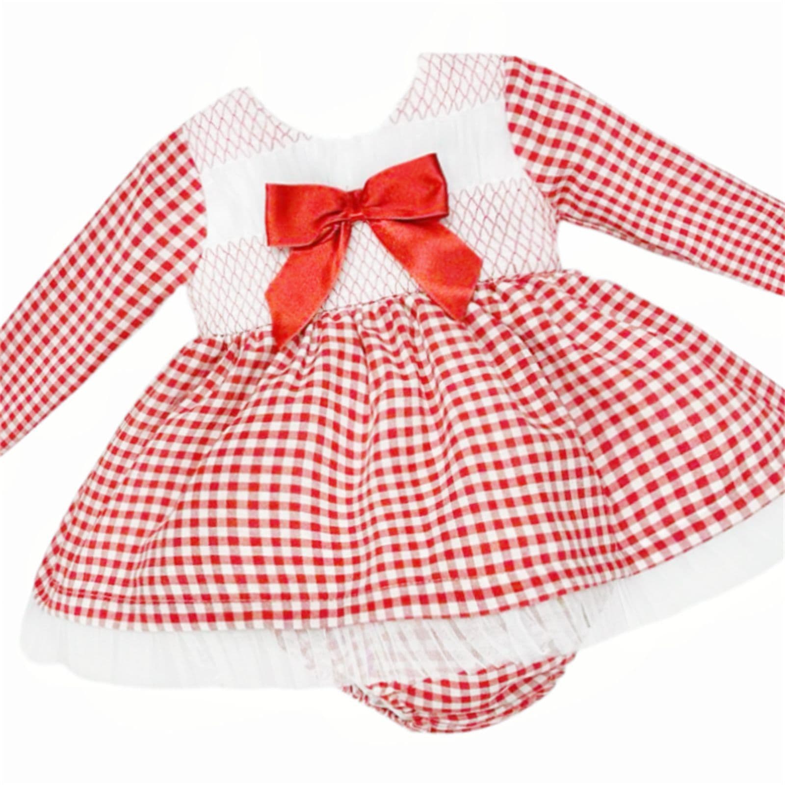 *SALE* Baby Girl Red Gingham Smocked Puff Dress with Pants "MYDB2471R"
