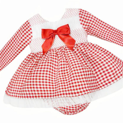 *SALE* Baby Girl Red Gingham Smocked Puff Dress with Pants "MYDB2471R"
