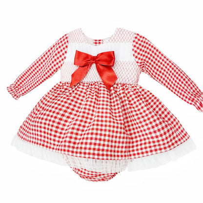 *SALE* Baby Girl Red Gingham Smocked Puff Dress with Pants "MYDB2471R"