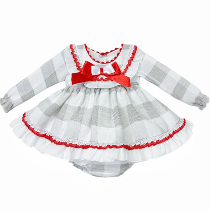 *SALE* Baby Girl Red Grey Checked Puff Dress with Pants "MYDB2490"