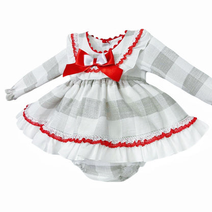 *SALE* Baby Girl Red Grey Checked Puff Dress with Pants "MYDB2490"