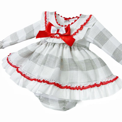 *SALE* Baby Girl Red Grey Checked Puff Dress with Pants "MYDB2490"