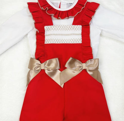 *SALE* Baby Girl Red Smocked Dungaree with Shirt "MYD2378R"
