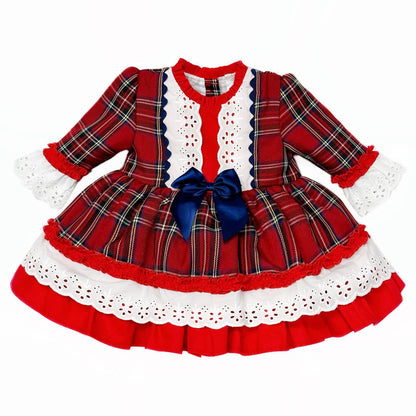 *SALE* Baby Girl Red Tartan Puff Ball Dress Navy Bow "1982"