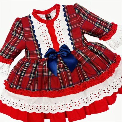 *SALE* Baby Girl Red Tartan Puff Ball Dress Navy Bow "1982"