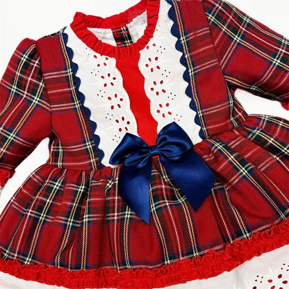 *SALE* Baby Girl Red Tartan Puff Ball Dress Navy Bow "1982"