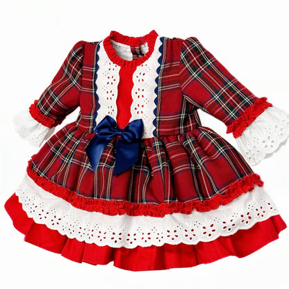 *SALE* Baby Girl Red Tartan Puff Ball Dress Navy Bow "1982"