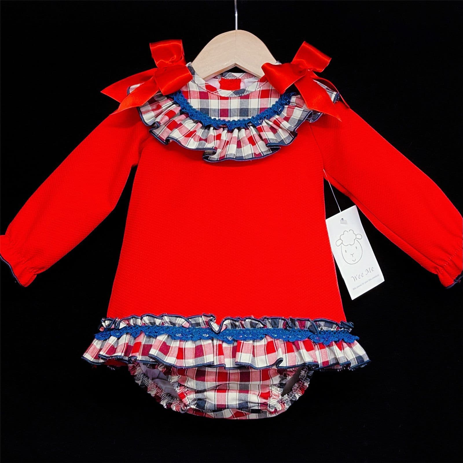 *SALE* Baby Girl Red Waffle Dress Checked Collar Shoulder Bow "MYD860"