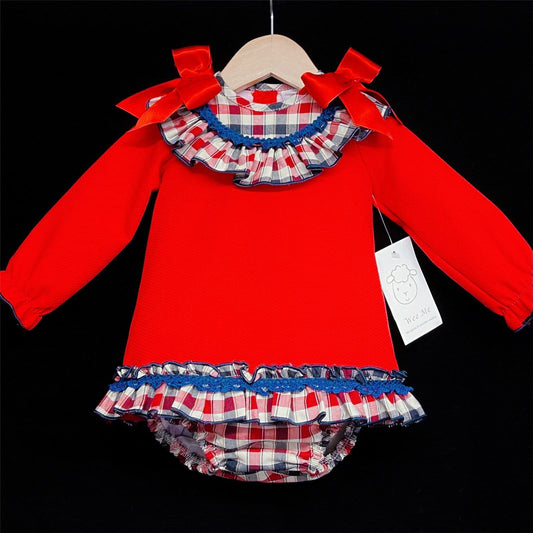 *SALE* Baby Girl Red Waffle Dress Checked Collar Shoulder Bow "MYD860"