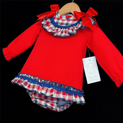 *SALE* Baby Girl Red Waffle Dress Checked Collar Shoulder Bow "MYD860"