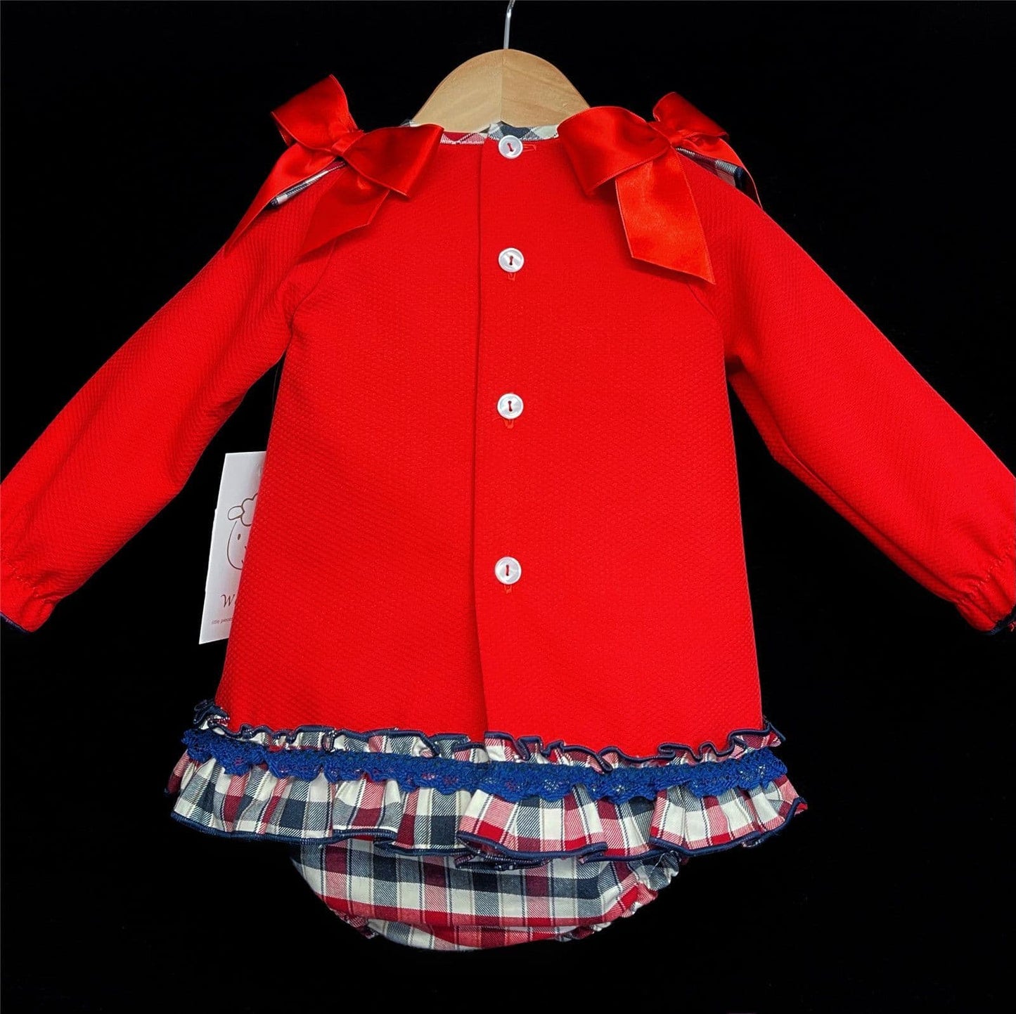 *SALE* Baby Girl Red Waffle Dress Checked Collar Shoulder Bow "MYD860"