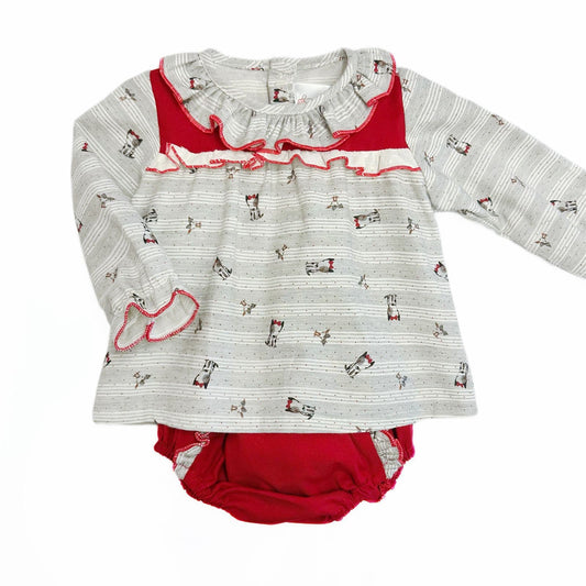 *SALE* Baby Girl Red with Grey Puppy Print Dress with Pants "MYD230"