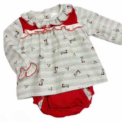 *SALE* Baby Girl Red with Grey Puppy Print Dress with Pants "MYD230"