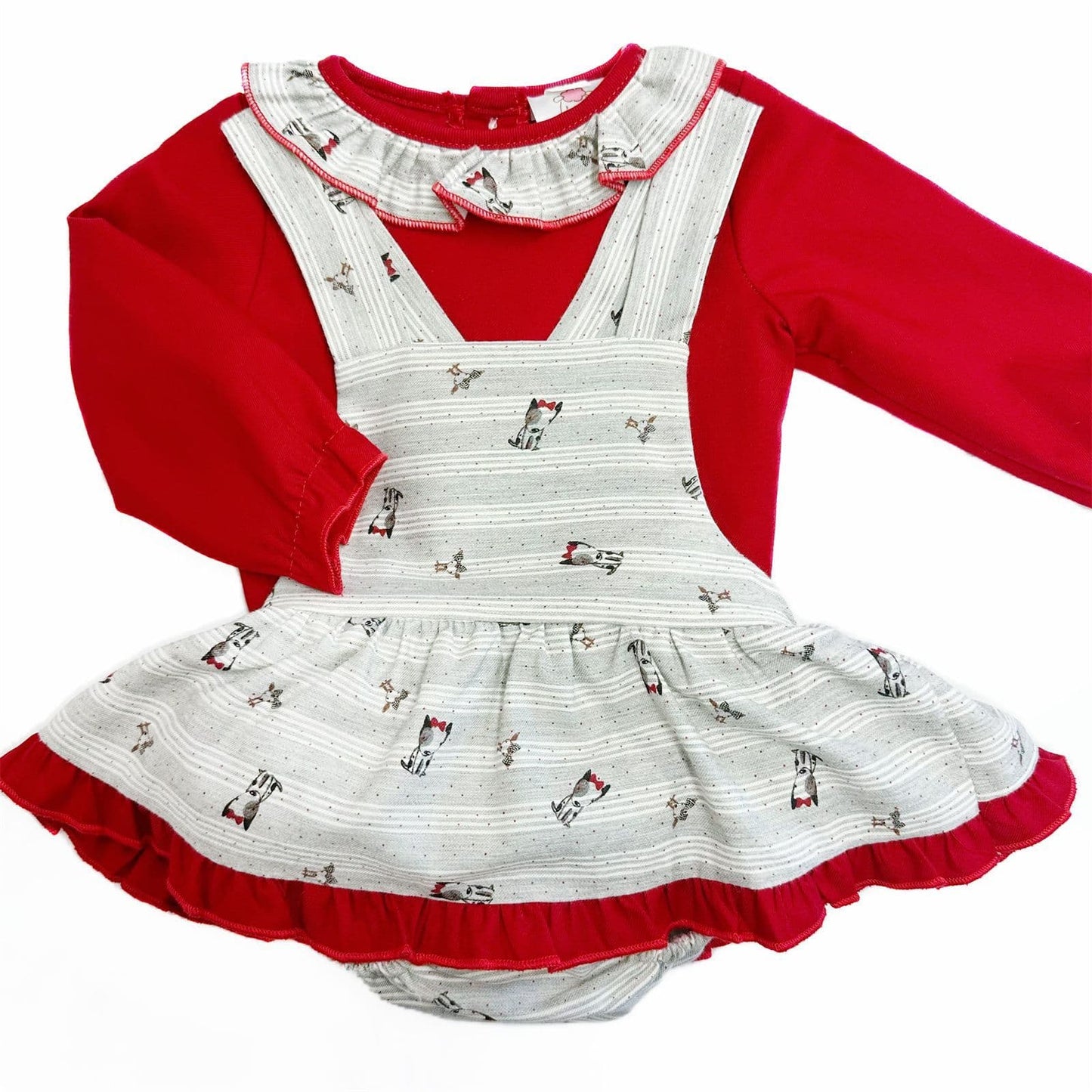 *SALE* Baby Girl Red with Grey Puppy Print Pinafore with Top "MYD231"
