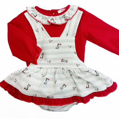 *SALE* Baby Girl Red with Grey Puppy Print Pinafore with Top "MYD231"