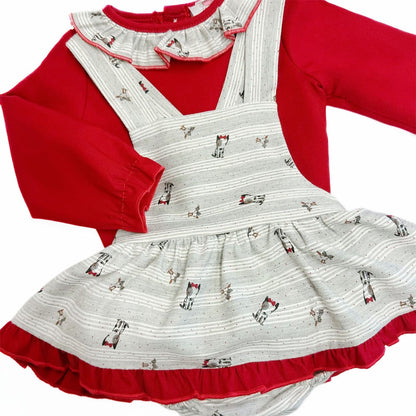 *SALE* Baby Girl Red with Grey Puppy Print Pinafore with Top "MYD231"