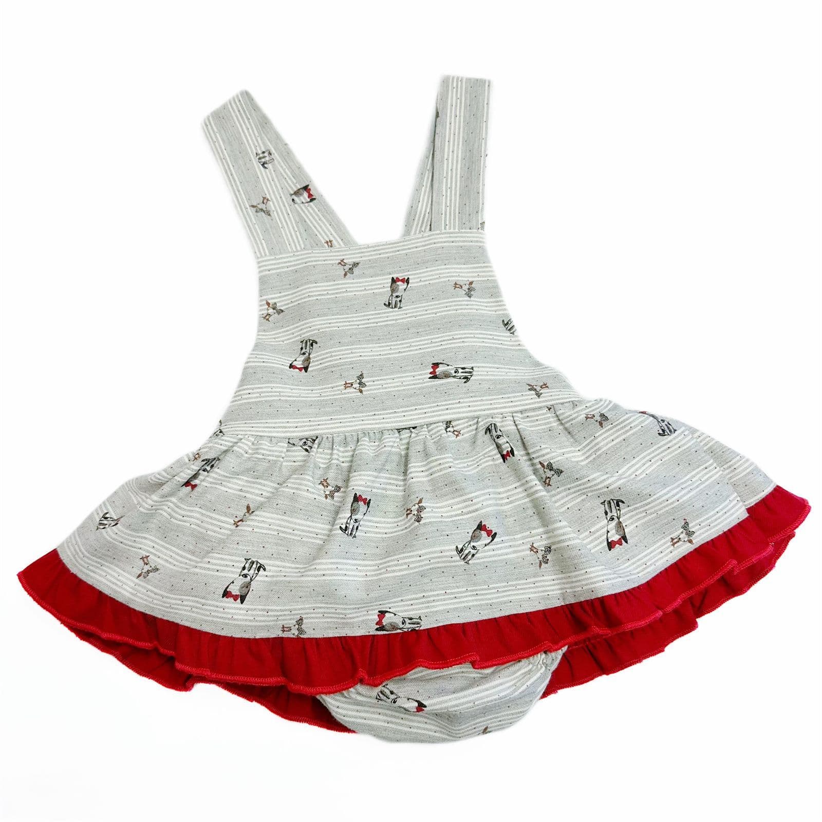 *SALE* Baby Girl Red with Grey Puppy Print Pinafore with Top "MYD231"
