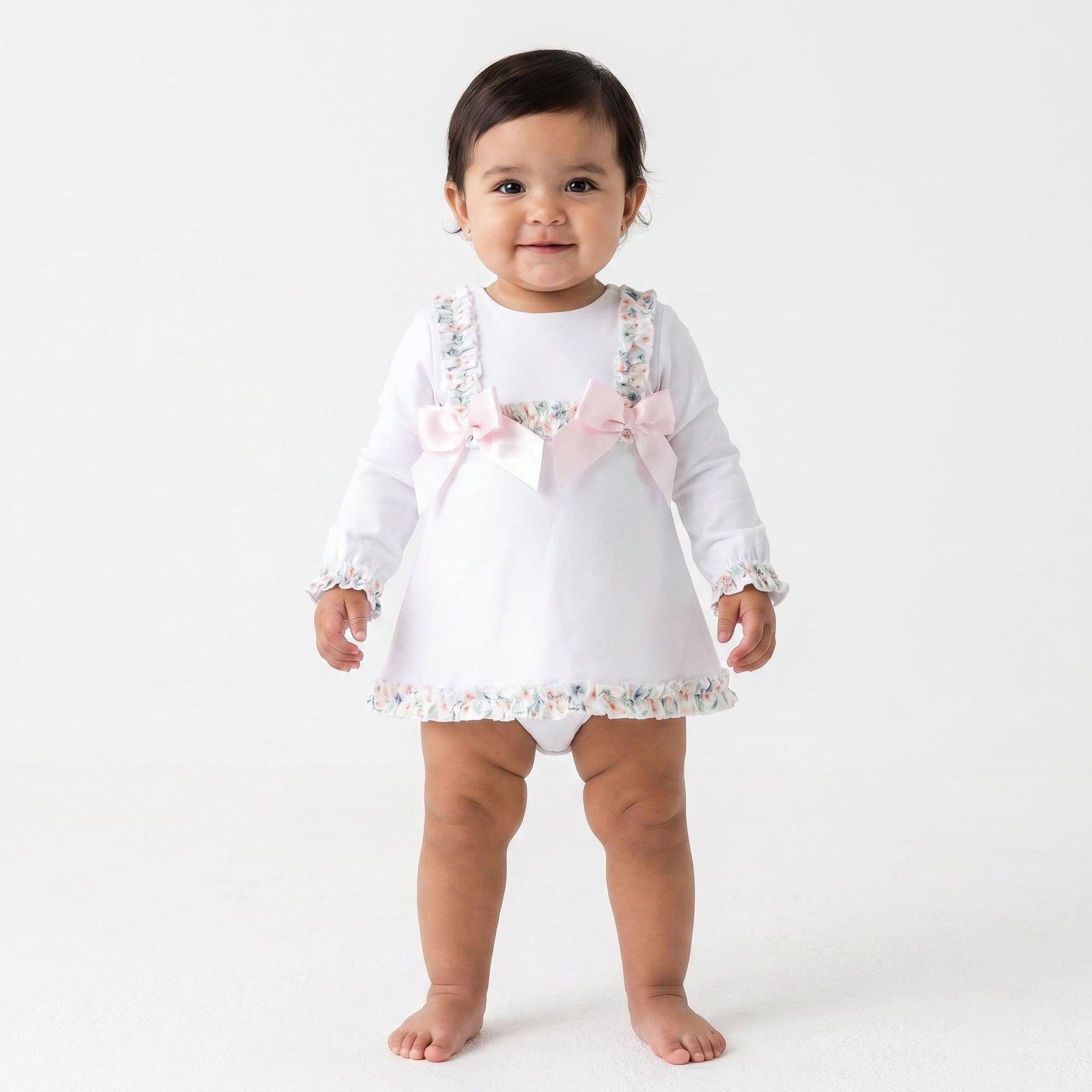 *SALE* Baby Girl White A Line Cotton Dress Satin Bows with Pants "MYD25209"