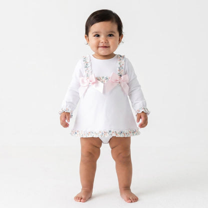 *SALE* Baby Girl White A Line Cotton Dress Satin Bows with Pants "MYD25209"
