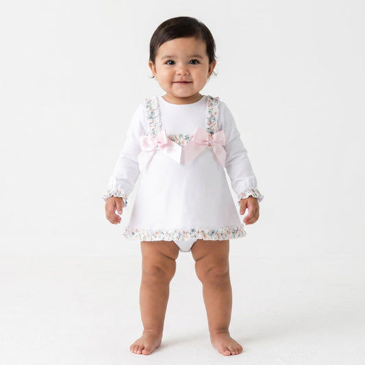 *SALE* Baby Girl White A Line Cotton Dress Satin Bows with Pants "MYD25209"