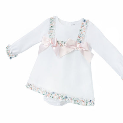 *SALE* Baby Girl White A Line Cotton Dress Satin Bows with Pants "MYD25209"