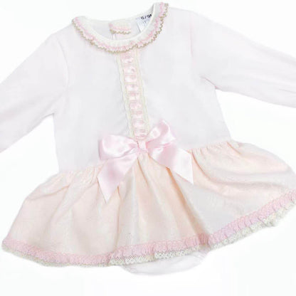 *SALE* Baby Girl White & Blush Pink Satin Bow Puff Dress Romper MYDD001
