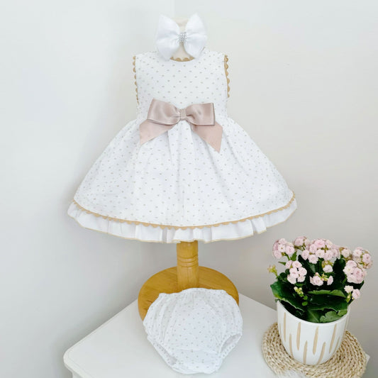 *SALE* Baby Girl White Cotton Dress Camel Details with Pants "MYD2440C"